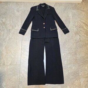 St. John Collection Marie Gray suit Black Jacket Leather SZ 2 pants sz 10